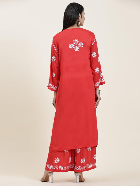Samma Chikankari CO-ORD Set In Modal Cotton for Women In RED